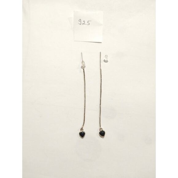 925 Sterling Silver Threader Earrings Black Onyx Dainty Hearts - Picture 6 of 8